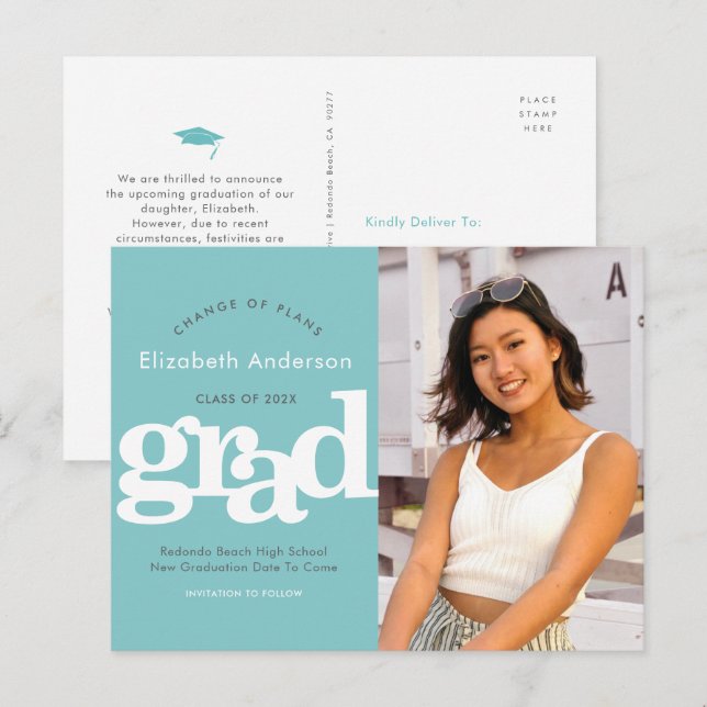 Turquoise change plans graduation bold typography invitation postcard (Front/Back)