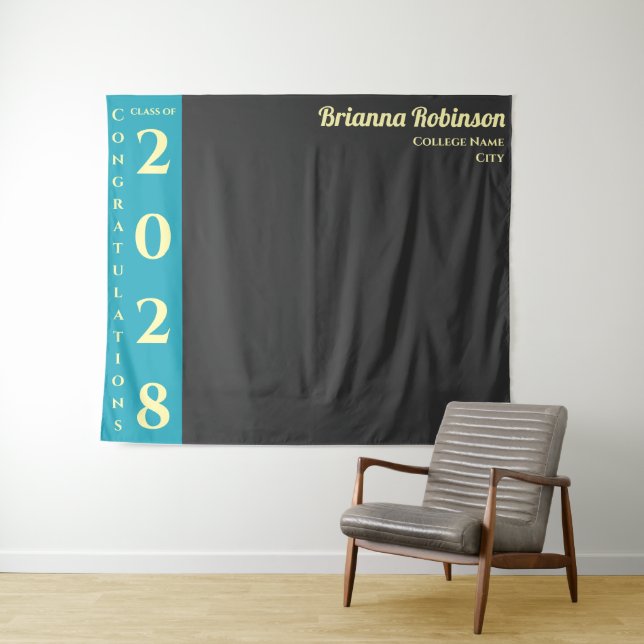 Turquoise Charcoal Modern Graduation Party Tapestry (In Situ (Horizontal))