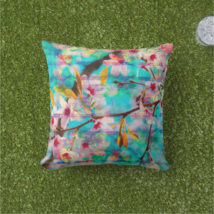 Turquoise Cherry Blossom Throw Pillow