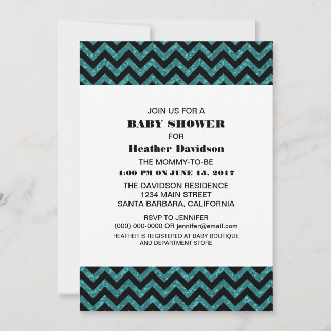 Turquoise Chevron Glitter Baby Shower Invite (Front)