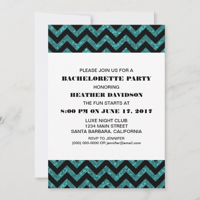 Turquoise Chevron Glitter Bachelorette Party Invitation (Front)