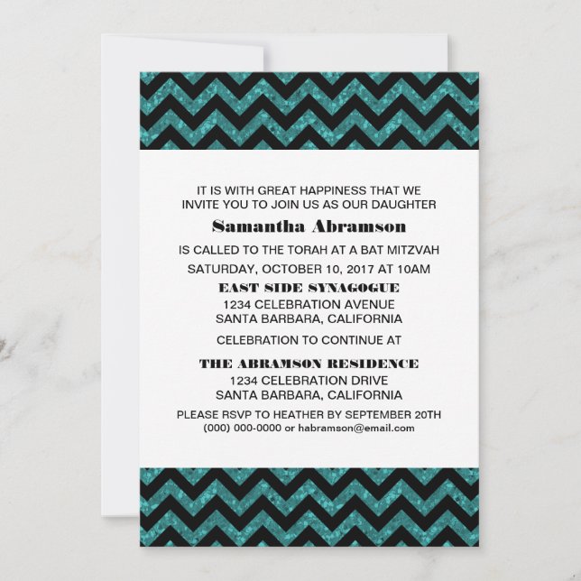 Turquoise Chevron Glitter Bat Mitzvah Invite (Front)