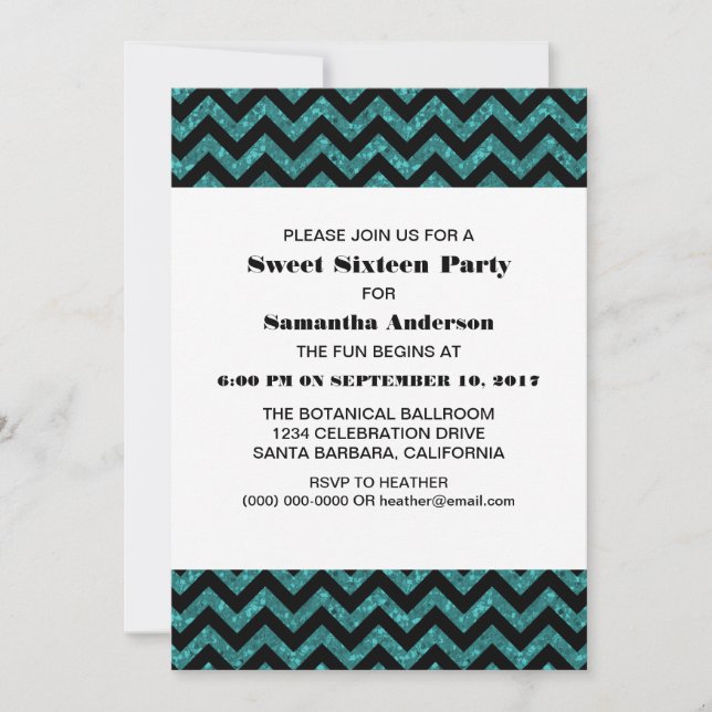 Turquoise Chevron Glitter Sweet 16 Party Invite (Front)