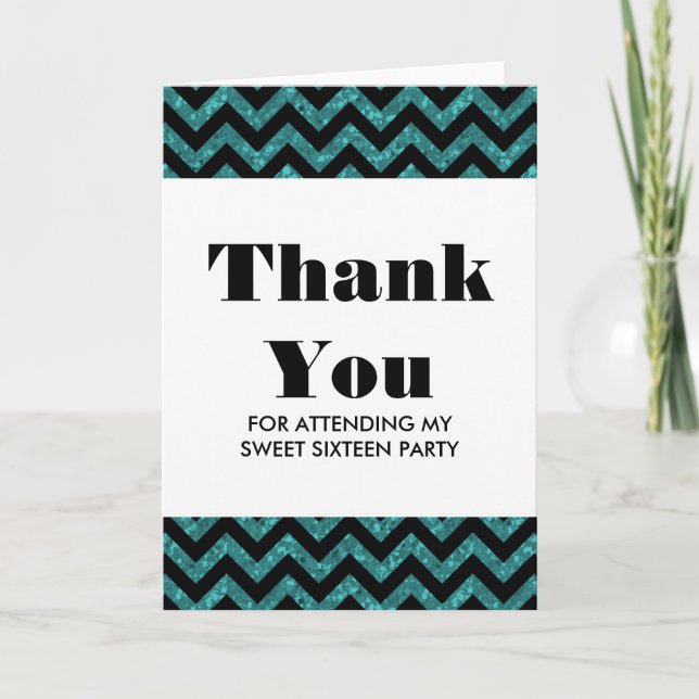 Turquoise Chevron Glitter Sweet 16 Thank You Card (Front)