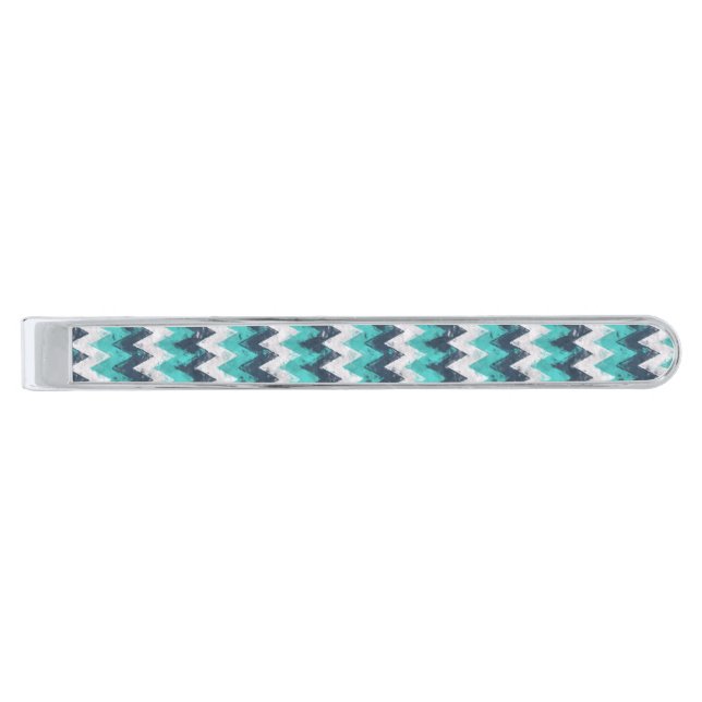 Turquoise Chevron Silver Finish Tie Clip (Front)
