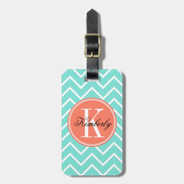 Turquoise Chevron with Orange Monogram Luggage Tag (Front Vertical)