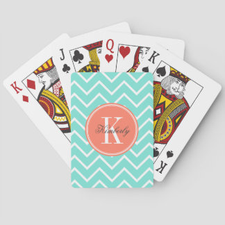 Turquoise Chevron with Orange Monogram Playing Cards
