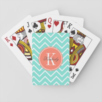 Turquoise Chevron With Orange Monogram Playing Cards by PastelCrown at Zazzle