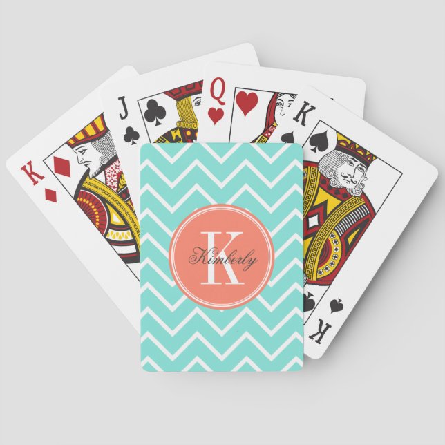 Turquoise Chevron with Orange Monogram Poker Cards (Back)