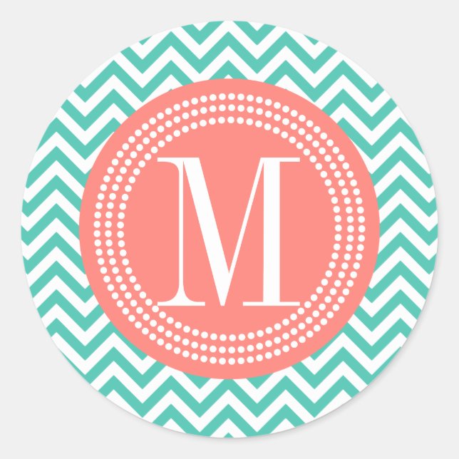 Turquoise Chevron Zigzag Personalized Monogram Classic Round Sticker (Front)
