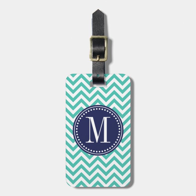 Turquoise Chevron Zigzag Personalized Monogram Luggage Tag (Front Vertical)