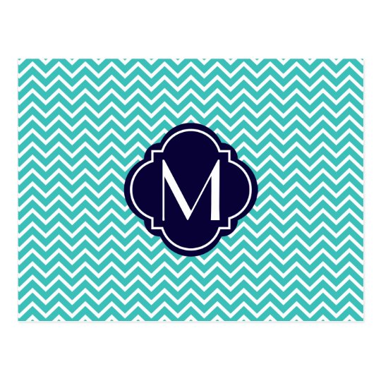 Turquoise Chevron Zigzag Stripes with Monogram Postcard