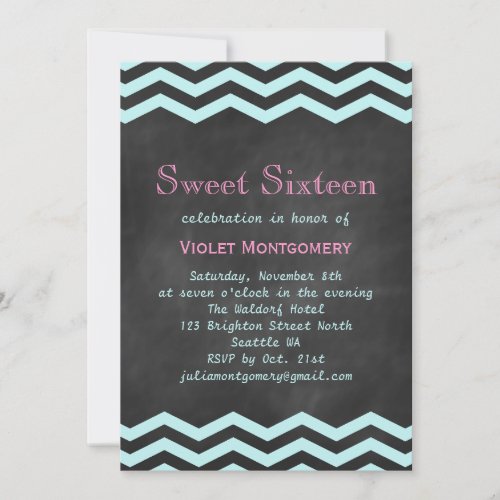 Turquoise Chevrons on Chalkboard Sweet 16 Invite