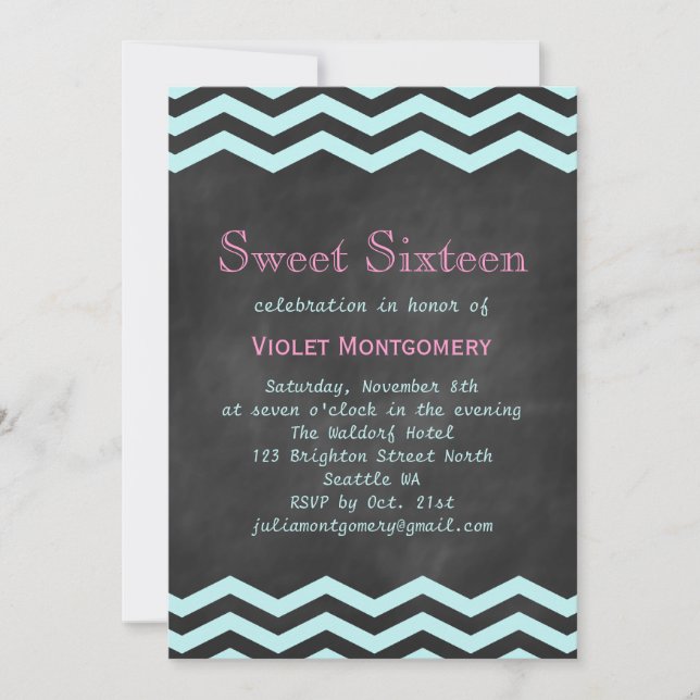 Turquoise Chevrons on Chalkboard Sweet 16 Invite (Front)