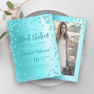 Turquoise Chic Glitter Photo Sweet 16   Invitation
