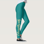 Turquoise Chic Stylish Custom Name Workout Sports Leggings<br><div class="desc">Custom, personalized, beautiful, elegant faux gold on dark turquoise typography script, cool, chic, stylish, modern, trendy, breathable, hand sewn, womens full length fashion travel party workout sports yoga gym running leggings pants, that stretches to fit your body, hugs in all the right places, bounces back after washing, and doesn't lose...</div>
