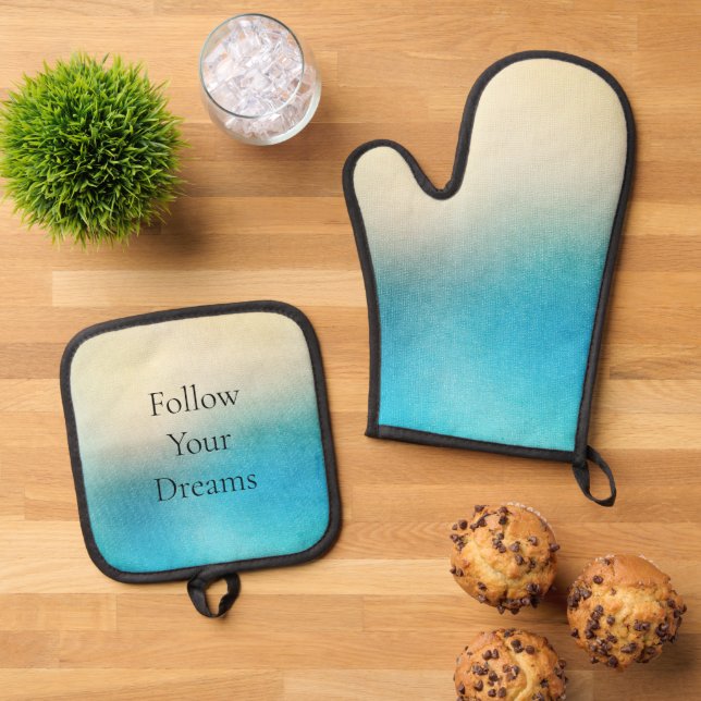 Turquoise Chic White Aqua Blue  Oven Mitt & Pot Holder Set (Top Down)