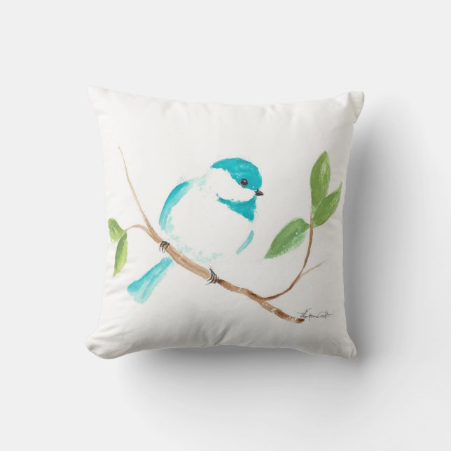 Turquoise Chickadee Throw Pillow (Front)