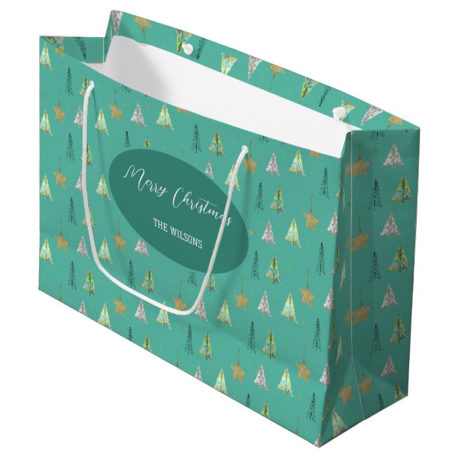 Turquoise Christmas Pine Tree Watercolor Pattern Large Gift Bag (Front Angled)