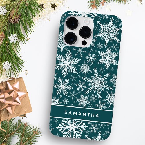 Turquoise Christmas Snowflakes Monogrammed Case_Mate iPhone 14 Pro Max Case
