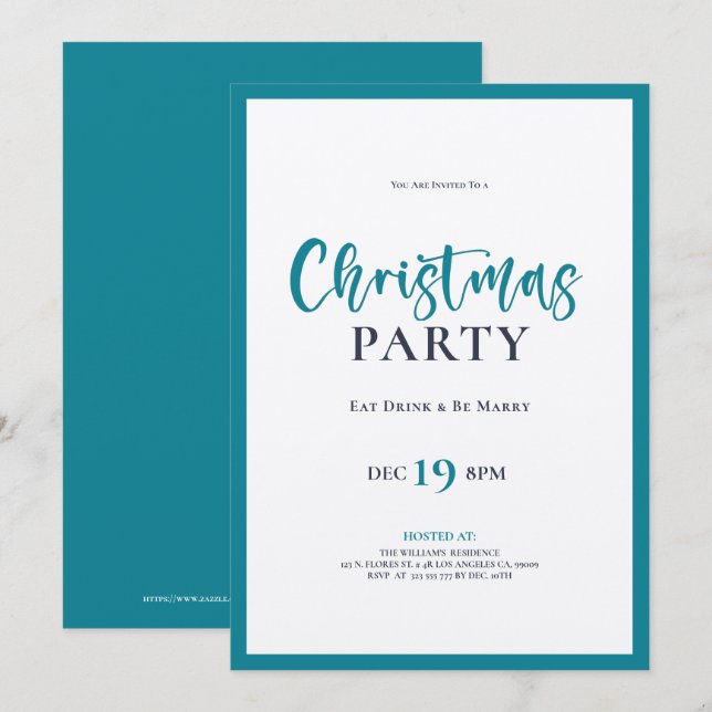 Turquoise Christmas typography dinner party invite (Front/Back)