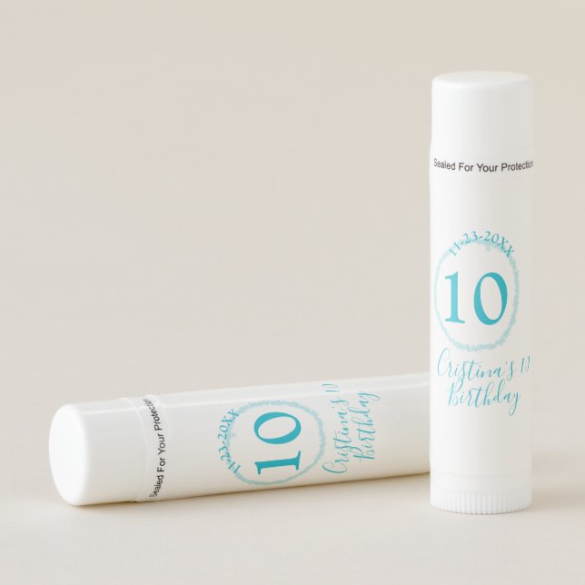 Turquoise circle. Round glitter 10th birthday bold Lip Balm (Front)