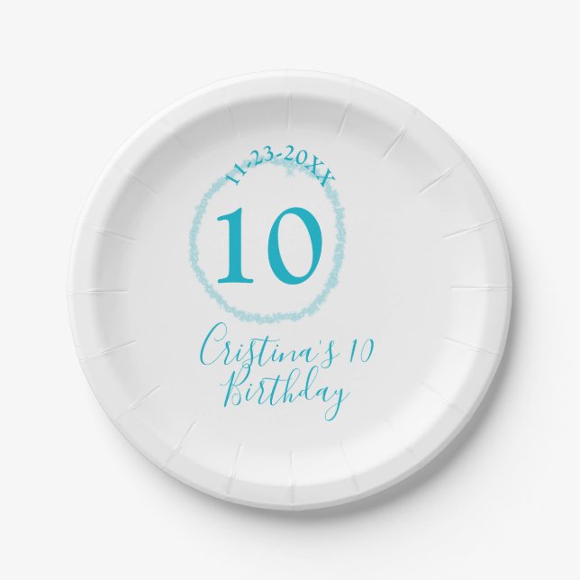 Turquoise circle. Round glitter 10th birthday bold Paper Plates (Front)