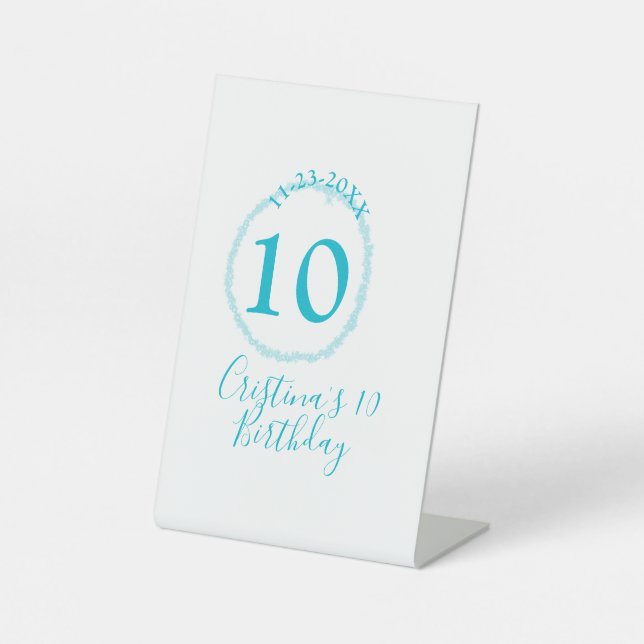 Turquoise circle. Round glitter 10th birthday bold Pedestal Sign (Front)