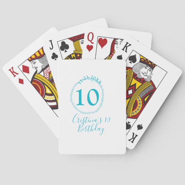 Turquoise circle. Round glitter 10th birthday bold Poker Cards (Back)