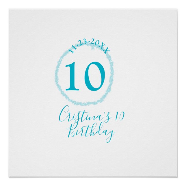 Turquoise circle. Round glitter 10th birthday bold Poster (Front)