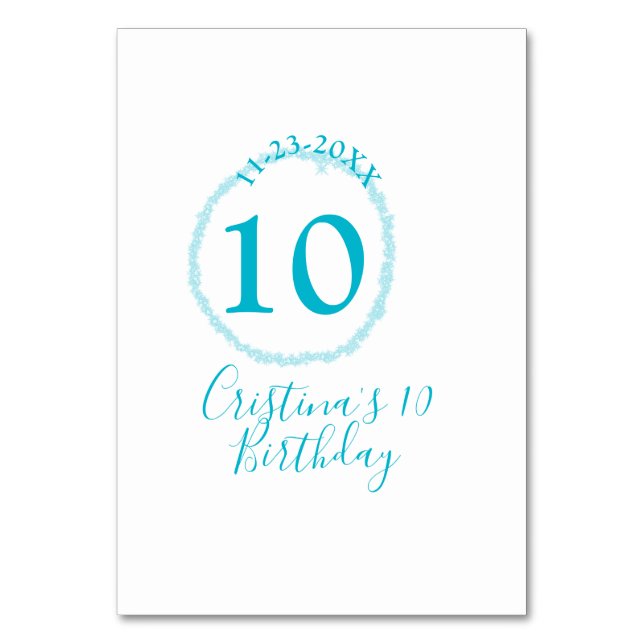 Turquoise circle. Round glitter 10th birthday bold Table Number (Front)