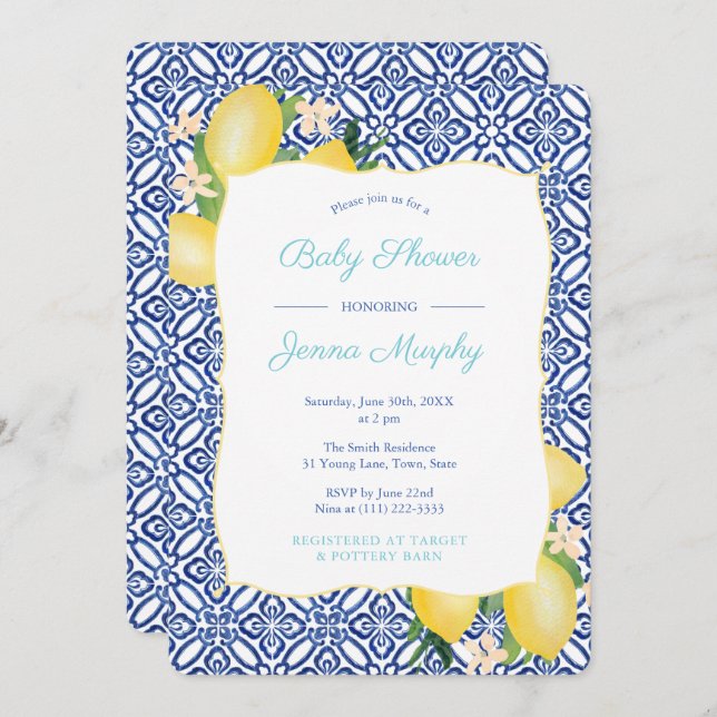 Turquoise Classic Blue Tiles Lemons Baby Shower Invitation (Front/Back)