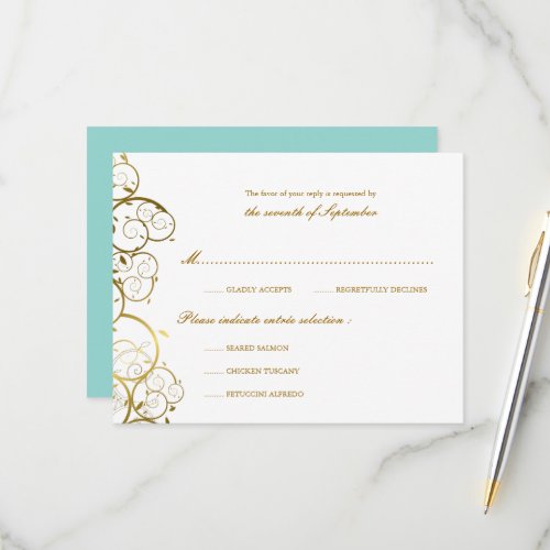 Turquoise  Classy Golden Spirals Elegant Wedding RSVP Card