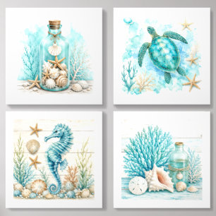 Turquoise Coastal Wall Art Set of 4 Acrylic Photo Tile