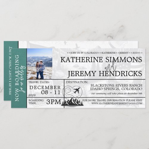 Turquoise Colorado Wedding Boarding Pass Invite