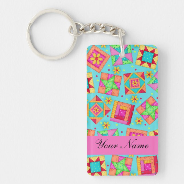Turquoise & Colorful Quilt Blocks & Personalized Keychain (Front)