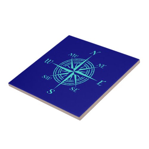 Turquoise Compass Rose On Navy Blue Coastal Decor Ceramic Tile