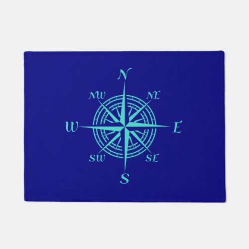 Turquoise Compass Rose On Navy Blue Coastal Decor Doormat