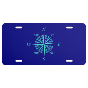 Turquoise Compass Rose On Navy Blue Coastal Decor License Plate