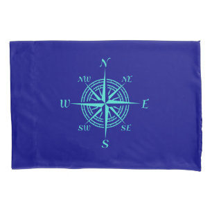 Turquoise Compass Rose On Navy Blue Coastal Decor Pillowcase