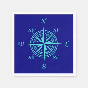 Turquoise Compass Rose On Navy Blue Paper Napkins