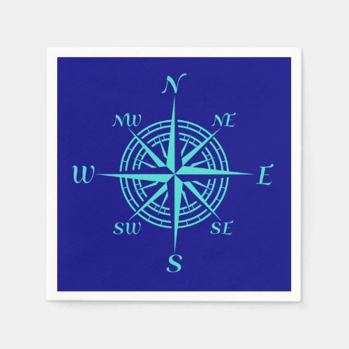 Turquoise Compass Rose On Navy Blue Paper Napkins
