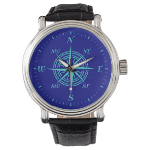 Turquoise Compass Rose On Navy Blue Watch