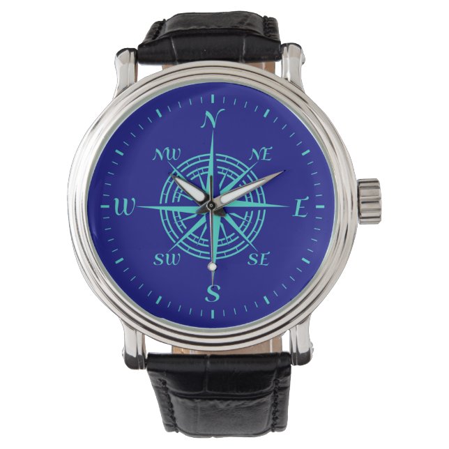 Turquoise Compass Rose On Navy Blue Watch (Front)