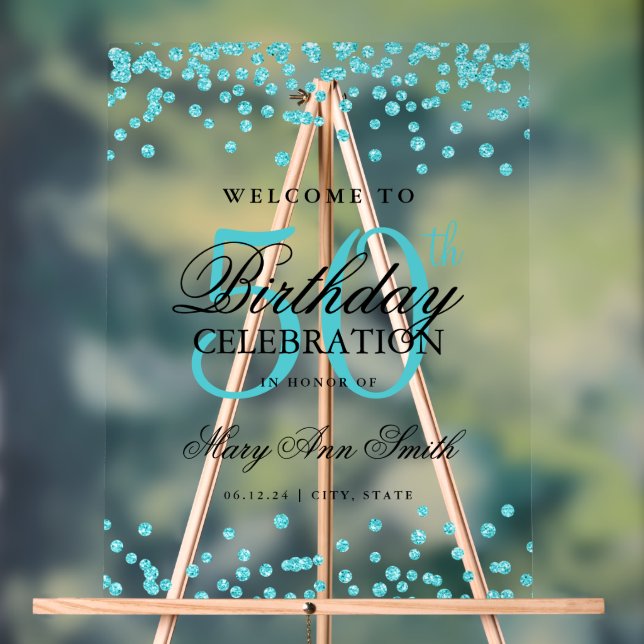 Turquoise Confetti Glitter 50th Birthday Welcome  Acrylic Sign (Neutral)