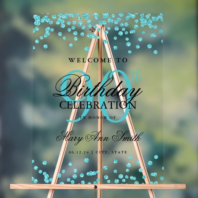 Turquoise Confetti Glitter 90th Birthday Welcome  Acrylic Sign (Neutral)
