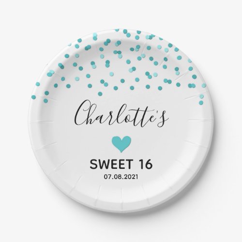 Turquoise Confetti Sweet 16 Birthday Party Paper Plates