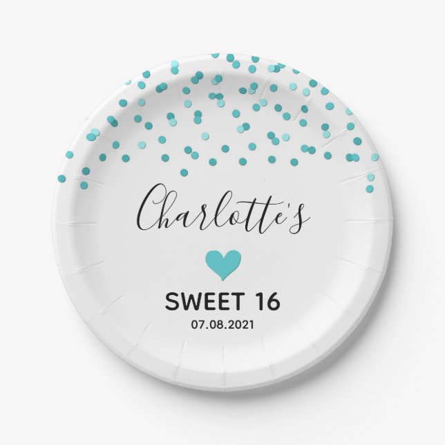 Turquoise Confetti Sweet 16 Birthday Party Paper Plates (Front)