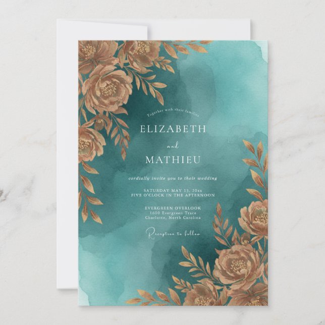 Turquoise Copper Leafy Wedding Invitation (Front)