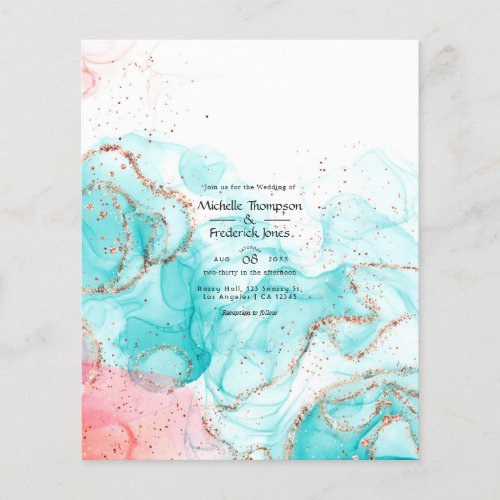 Turquoise Coral and Gold Alcohol Ink Wedding Flyer